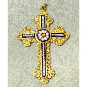 Vintage 3" Italy Micro Mosaic Cross Pendant Ornament Gold Tone Scrollwork Large